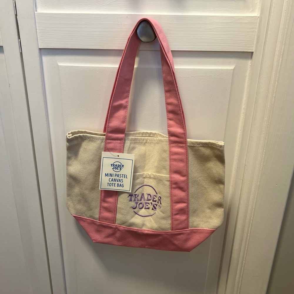 NWT Trader Joe’s Mini Pastel Canvas Tote Bag Color Pink And Cream
